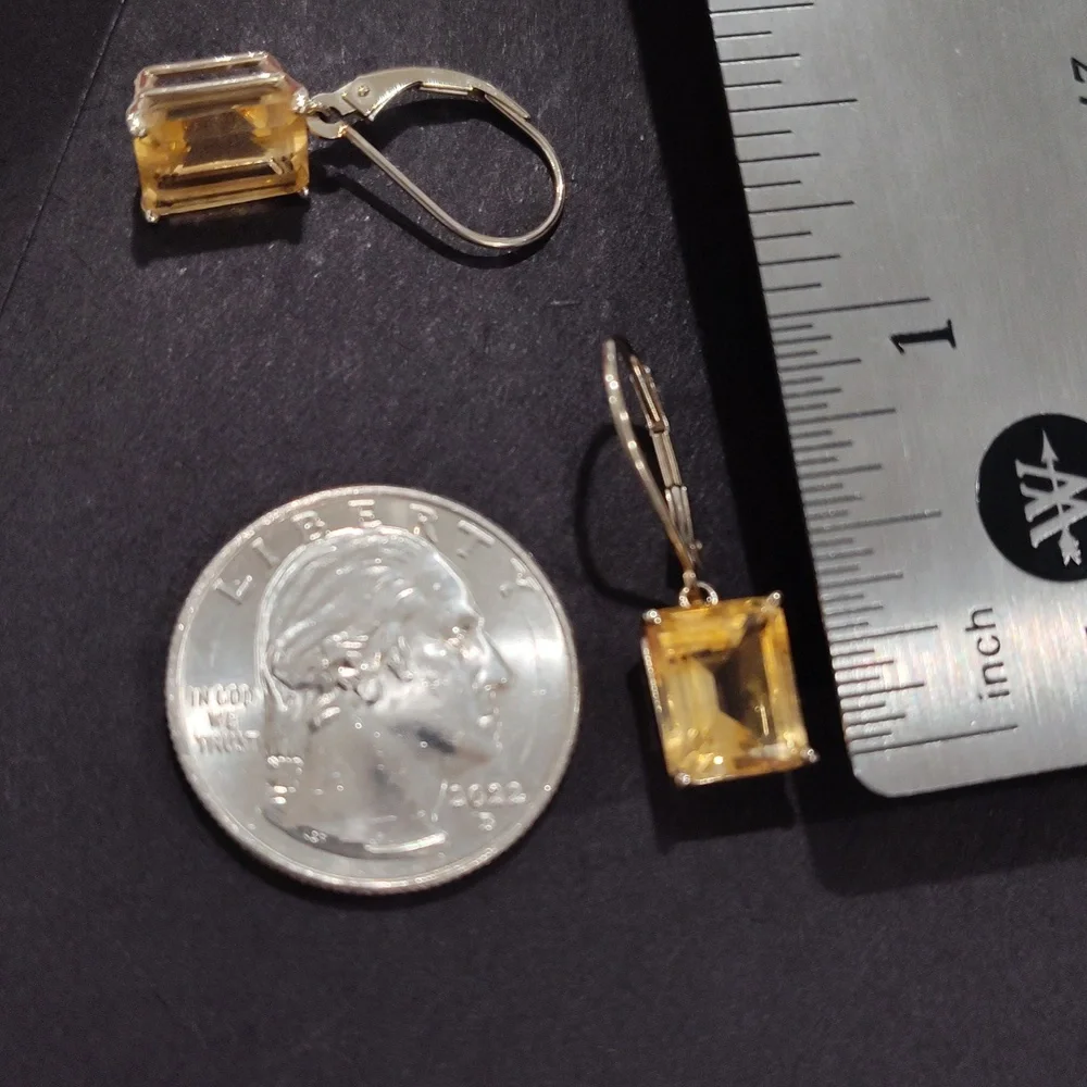 14k White Gold Emerald Cut Citrine Leverback Earrings - Picture 3 of 15